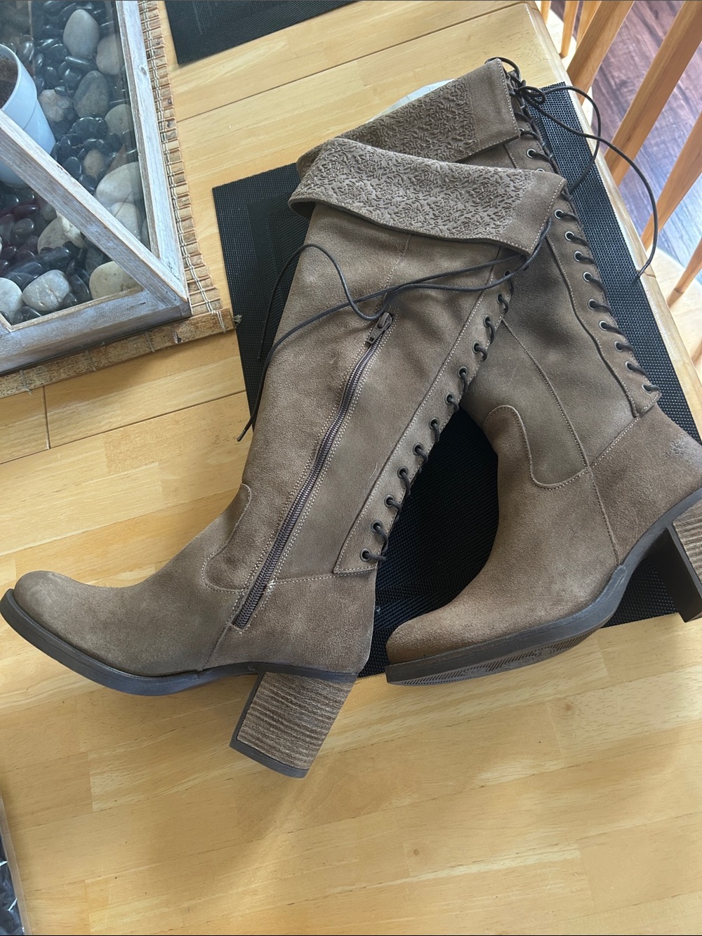 Women’s Taupe Suede Lace-Up Mid-Heel Boots